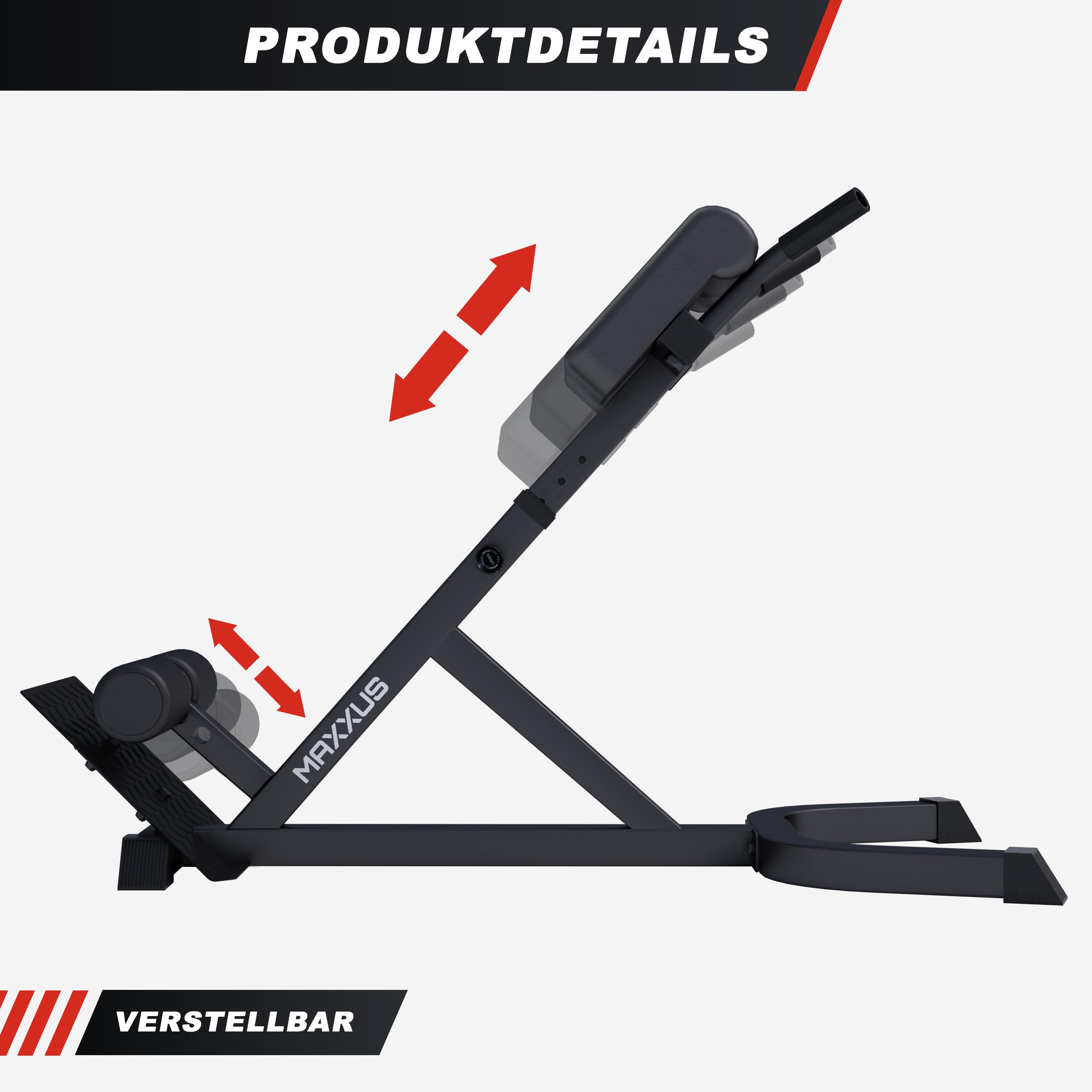 MAXXUS Hyperextension Rückentrainer - Verstellbar, bis 150/180 kg, mit Beinfixierung, Haltegriffen - Bauchtrainer, Römische Bank, Multifunktionales Workout Bench