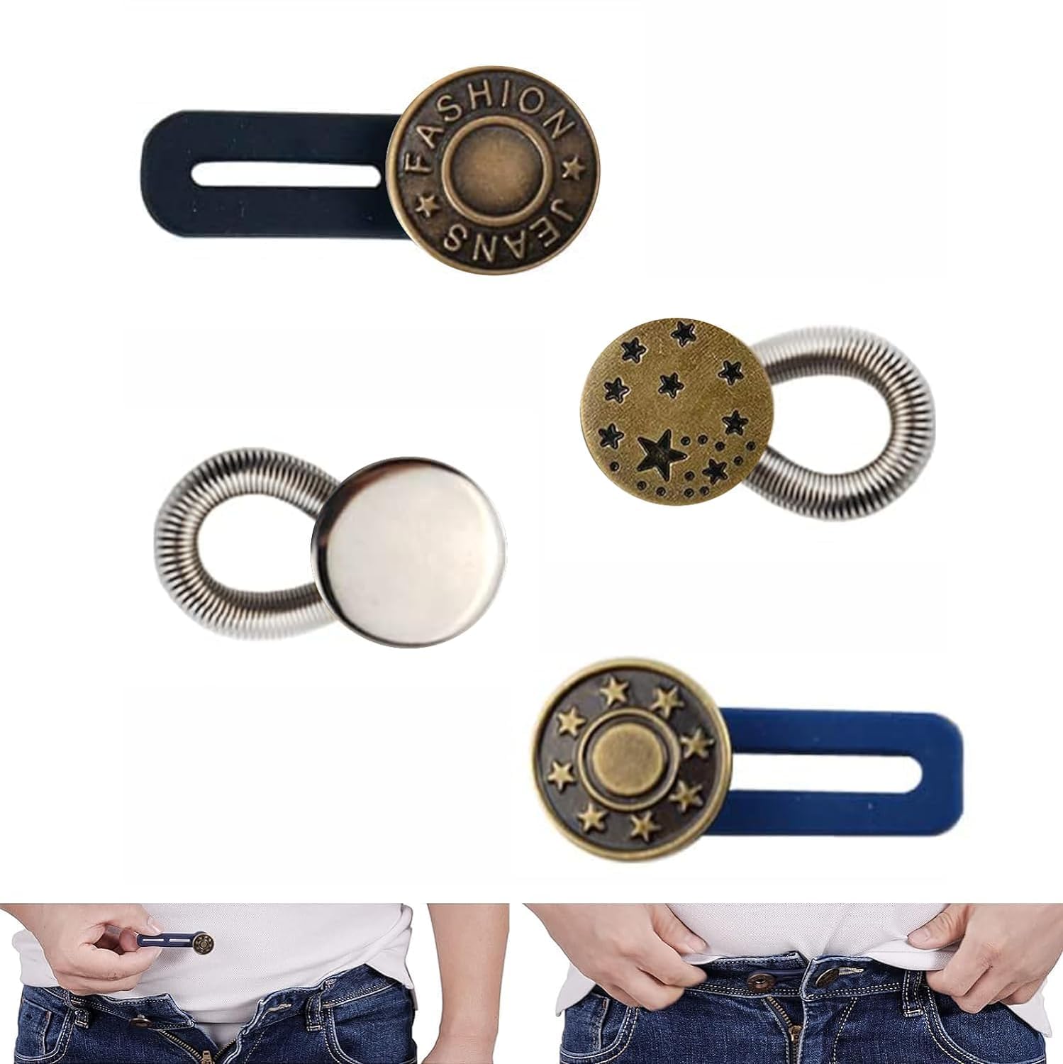 LORITARIA No-Sew Waist Button Buckles - Adjustable Metal Snap For Pants & Jeans, 4 Colors (Gold, Silver, Black, Bronze)