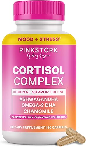 Pink Stork Suplementos de cortisol para mujeres, apoyo suprarrenal + administrador del estrés con Ashwagandha orgánica, Omega 3, azafrán,