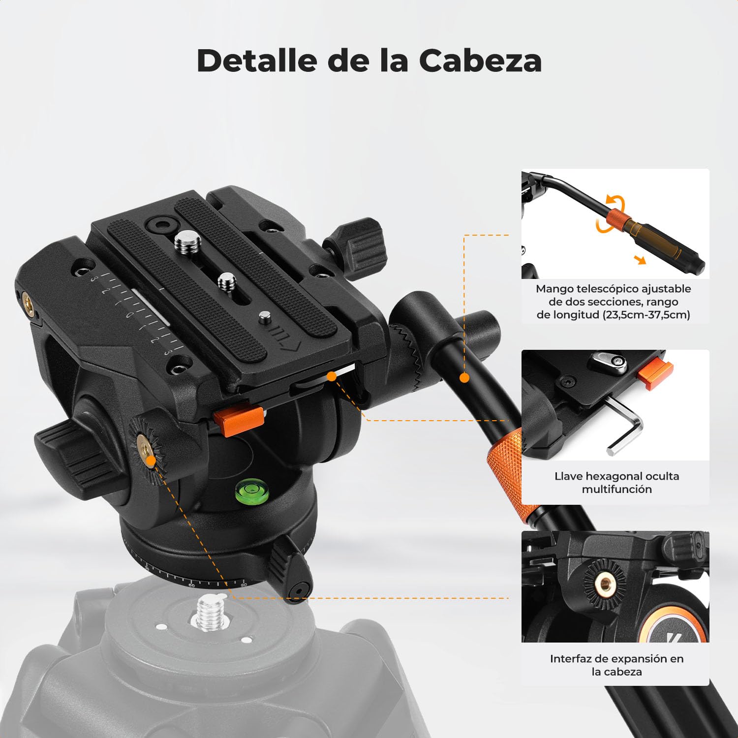 K&F CONCEPT Cabezal Fluido de Vídeo Ligero, Montaje de Cabezal de Trípode Estable y Suave como la Seda, Carga Máxima de 8 kg, Cabezal de Trípode para Panorámica de 360°
