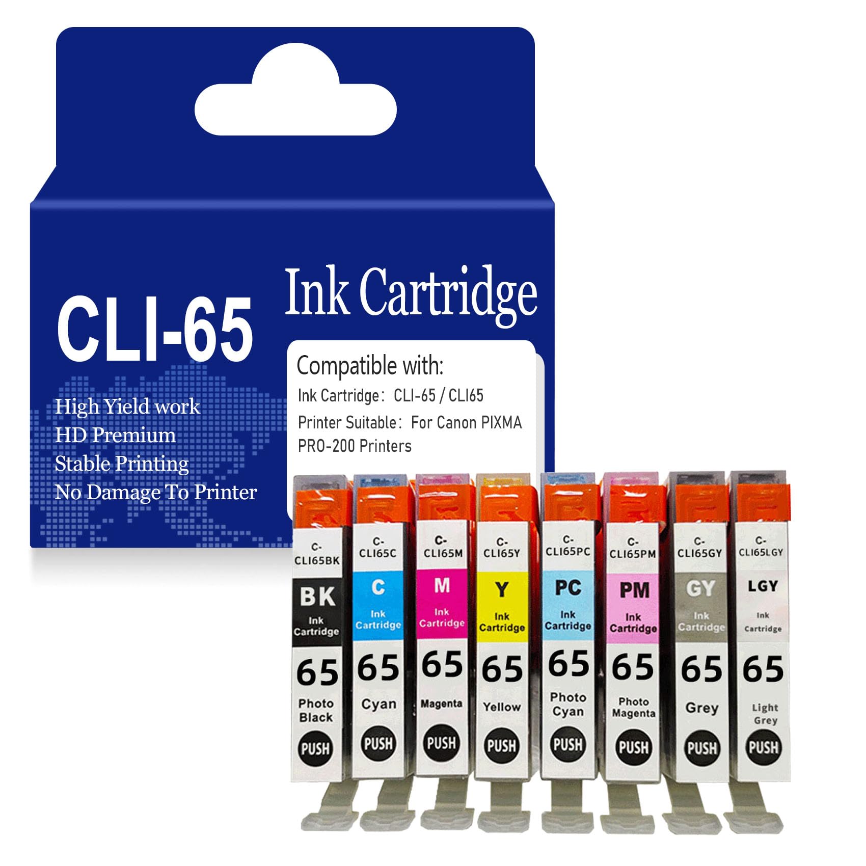 Cartucce d'inchiostro CLI65 nero ciano giallo magenta compatibili CLI-65 (BK C M Y PC PM GY LGY) cartuccia d'inchiostro ad alta resa per Canon PIXMA PRO-200,Ink Cartridge-8 Pack