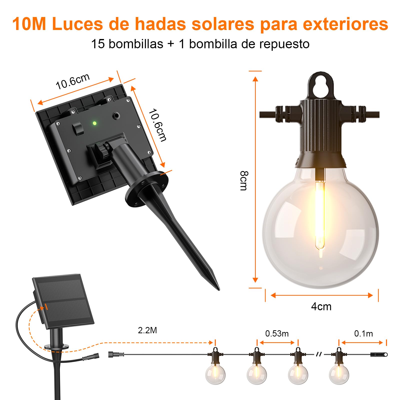 Kawaya Guirnaldas Luces Exterior Solar, 10M Cadena de Luces USB Recargable LED Luces Solares Exteriores Jardín 5 Modos con 15+1 Bombillas G40 para Exteriores Boda Terraza Garden Fiesta Blanca Cálida