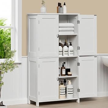 Bathroom Cabinet with Adjustable Shelf Freestanding Storage Cabinet with 2 Doors Wooden Organizer Floor for Bathroom Kitchen and Living Room White, 4 Doors