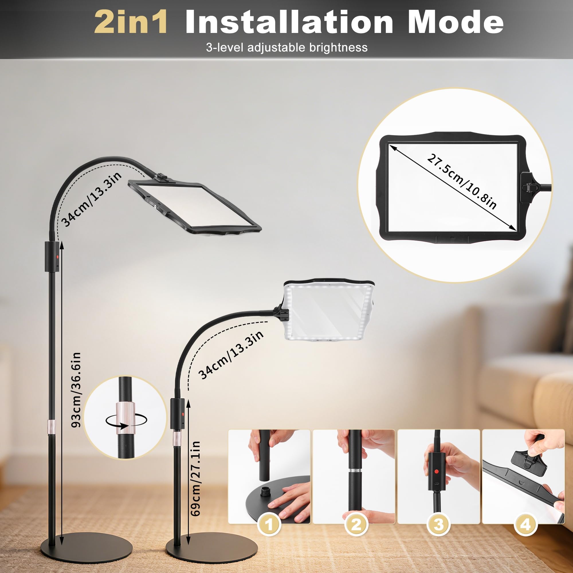 Lupa de pie 5X con luz, lámpara de aumento rectangular con luz y soporte, 45 LED, lámpara de escritorio de 3 niveles de brillo, pasatiempos de personas mayores para leer, manualidades, costura