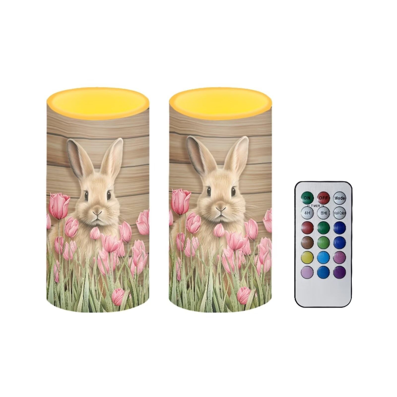Flameless Candles Electric Candles with Auto-Moving 3D Wick Remote Timer Multicolor Long Lasting Electric LED Pillar Candles for Easter Home Decor Set of 2, Bunny Tulip Wood Grain