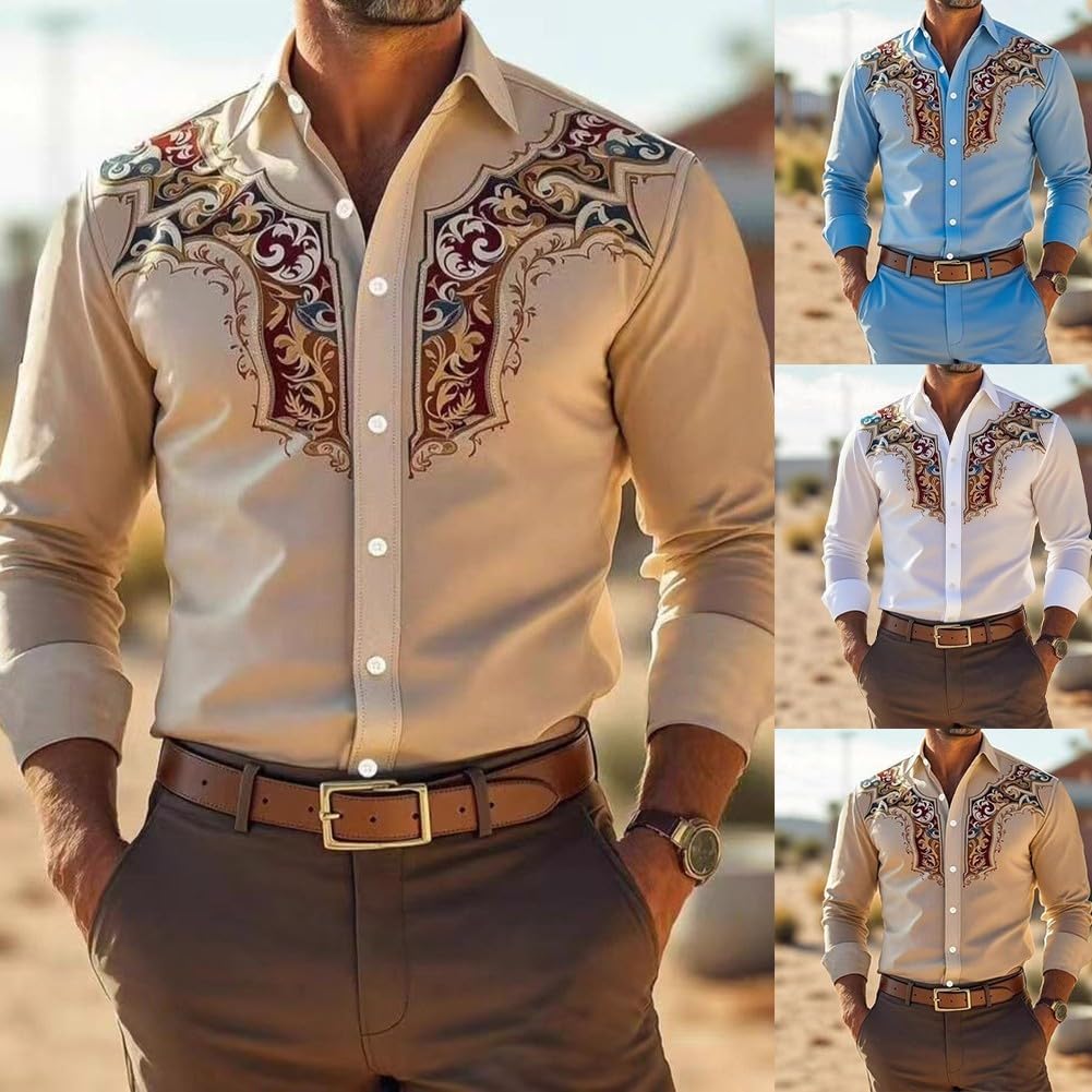 Camicia da uomo con motivo floreale retrò e colletto con risvolto e maniche lunghe elasticizzate, camicia casual adatta per l'uso quotidiano e per le feste