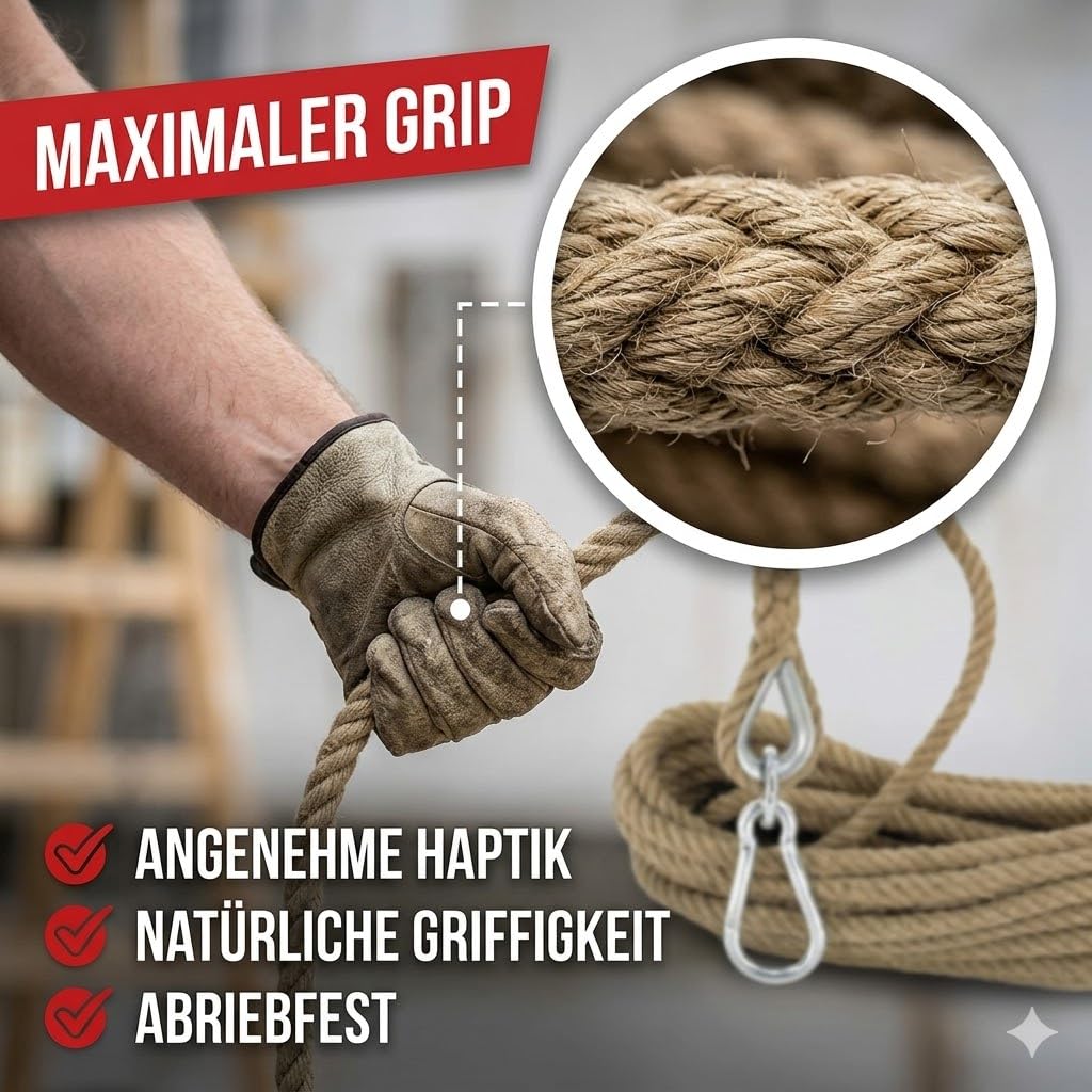 Hanf-Eimerseil Ø 20mm mit Karabinerhaken | BAU-Aufzug-Seil aus Naturhanf | Griffiges Hebe-Seil für Baustelle | Lastenseil, Zugseil, Handseil & Flaschenzug(10m, 20m, 30m, 40m) (100, Zentimeter)