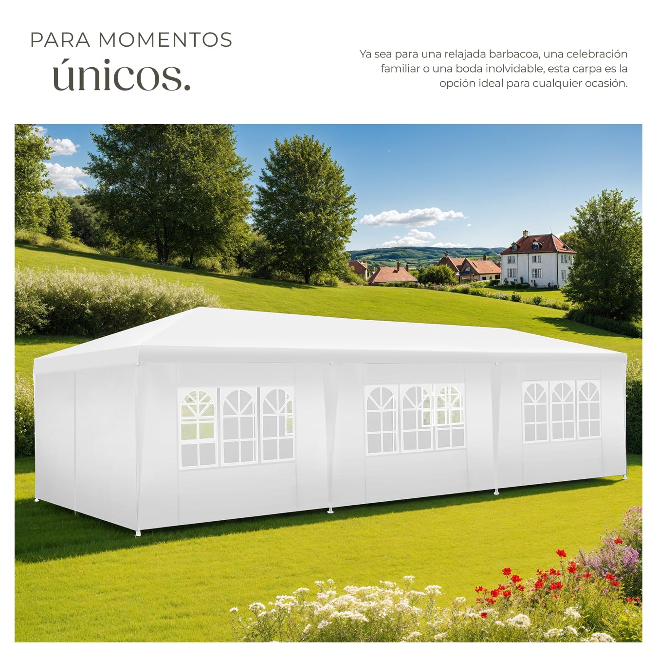 tectake® Carpa Desmontable, con 8 Paneles Laterales Desmontables, Protección a la Intemperie, Cenadores para Jardin, Playa, Cuerdas Tensoras y Piquetas, Carpas para Exteriores - 9x3 m Blanco