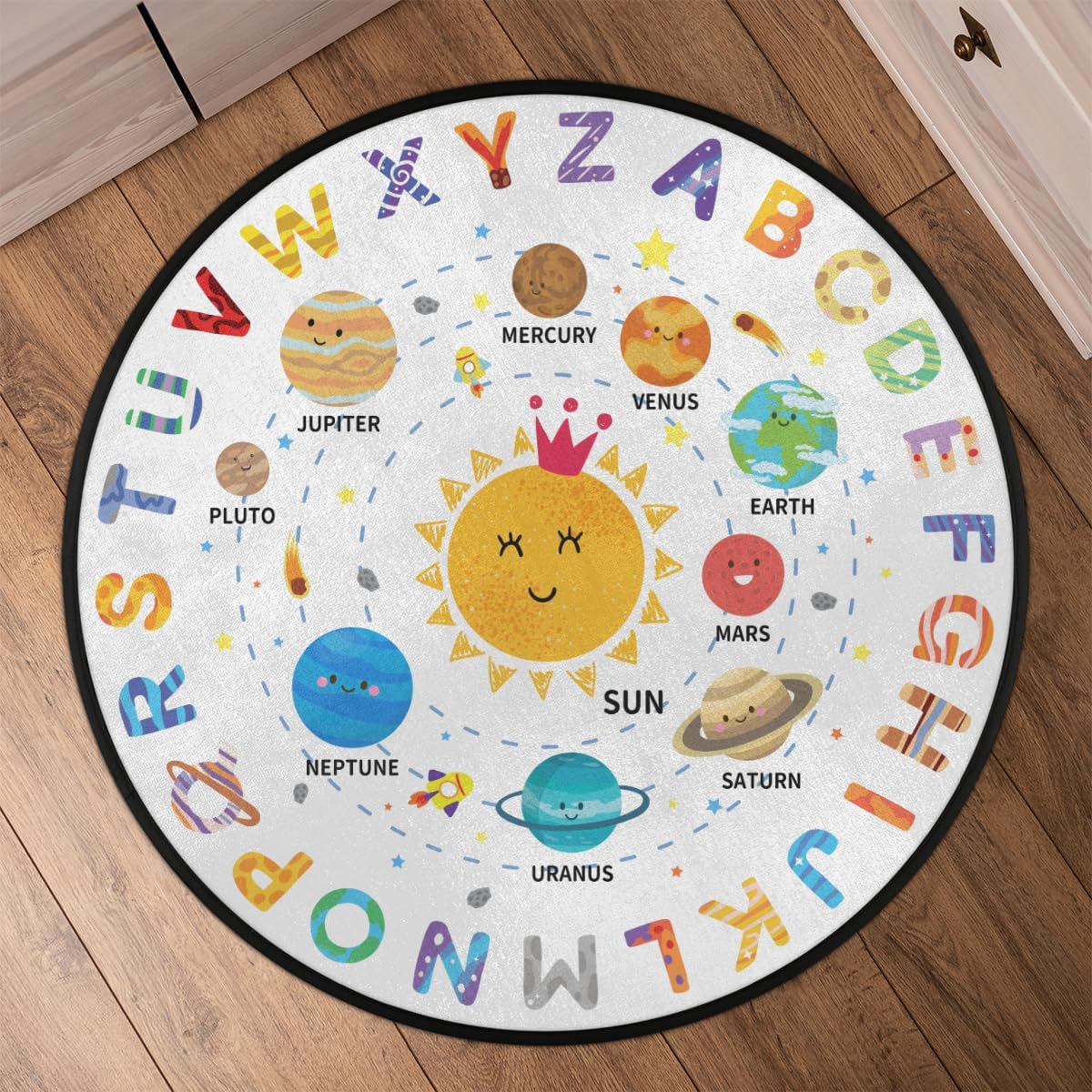 Round Kids Rug,3 Ft ABC Letter Educational Playroom Rug,Non-Slip Solar System Alphabet Kid Play mat for Classroom Playroom Bedroom Kids Room Decor