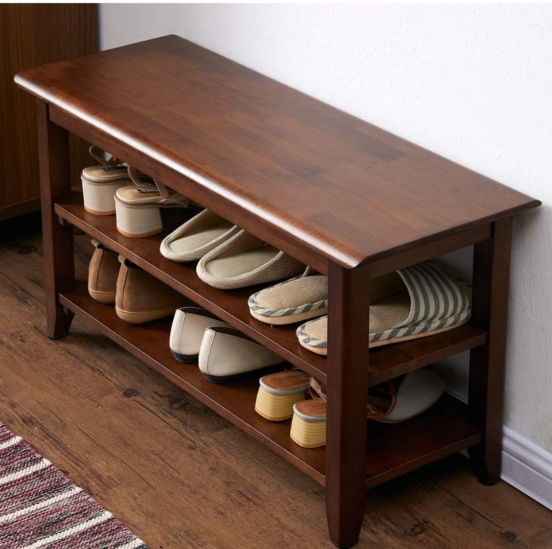 Jdav Wooden Shoe Rack Bench with 2 Storage Shelves, Walnut Brown, 80 x 30 x 42 cm, Entryway Seating-image-44