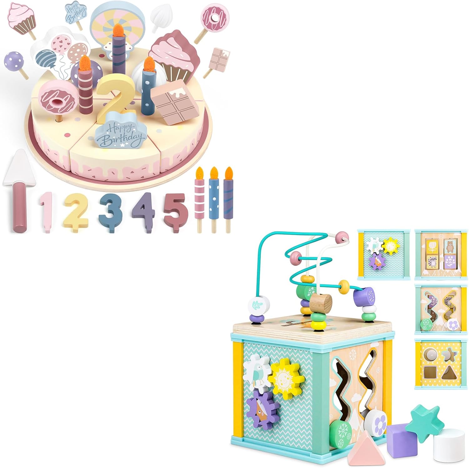 Wooden Birthday Party Cake Play Food Sets and Wooden Activity Cube Toddler Montessori Toys