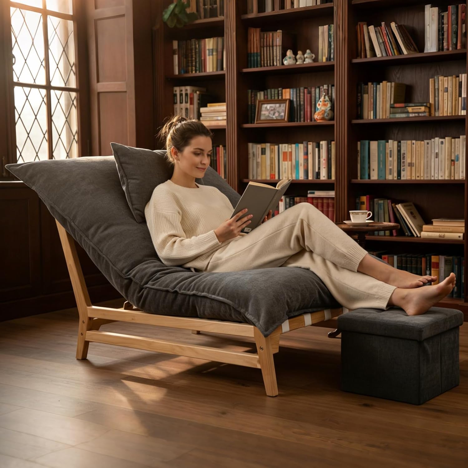 MOPHOTO Oversized Chaise Lounge Chair with Ottoman, Multi-Functional Upholstered Recliner Chair, Comfy Accent Chair with Storage Footrest & Pillow for Living Room, Bedroom & Reading (Grey