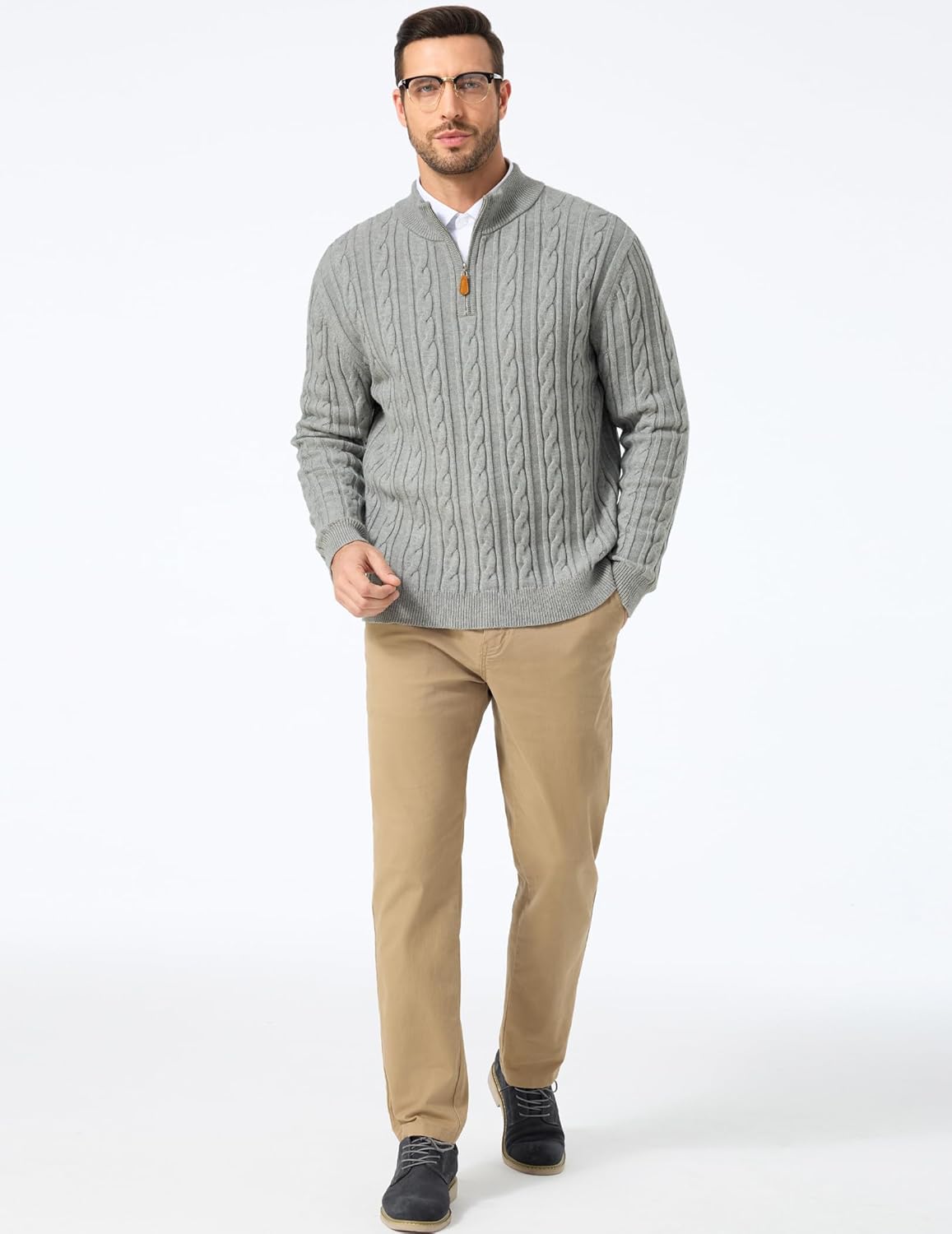 JMIERR Men's Quarter Zip Pullover Sweater Cable Knit Casual Stand Collar Texture Knitted Sweaters - Image 5