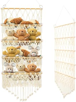 Teddy Hammock Stuffed Animal Toy Holder 4-Layer Versatile Over the Door Hanging Storage Organizer Bohemian Style Plush Toy Holder with Macrame for Nursery Playroom Bedroom Beige