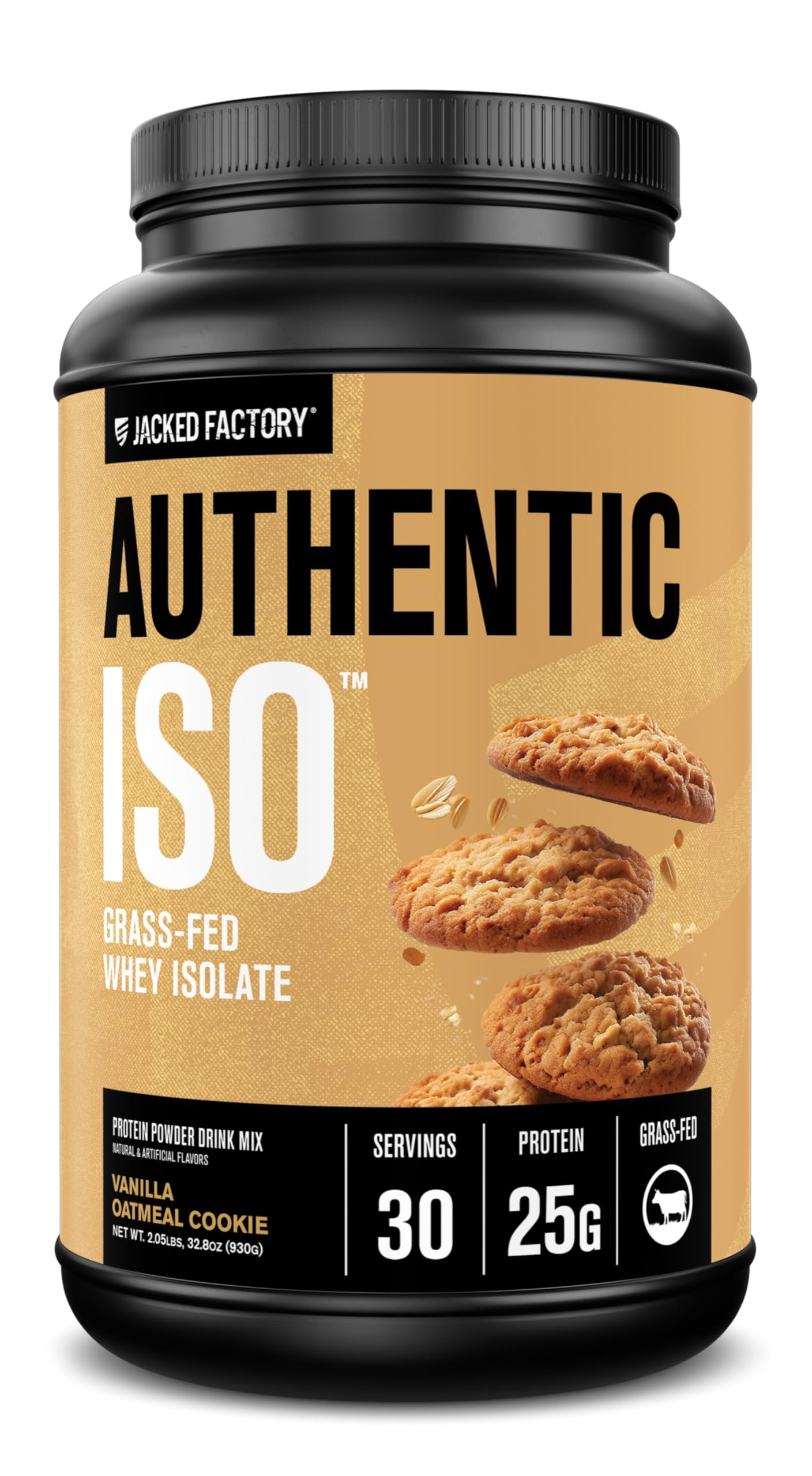 Jacked Factory Authentic ISO Grass Fed Whey Protein Isolate Powder - Low Carb, Non-GMO Muscle Building Protein w/No Fillers, Mixes Perfectly, Vanilla Oatmeal Cookie - 2LB, 30 SV