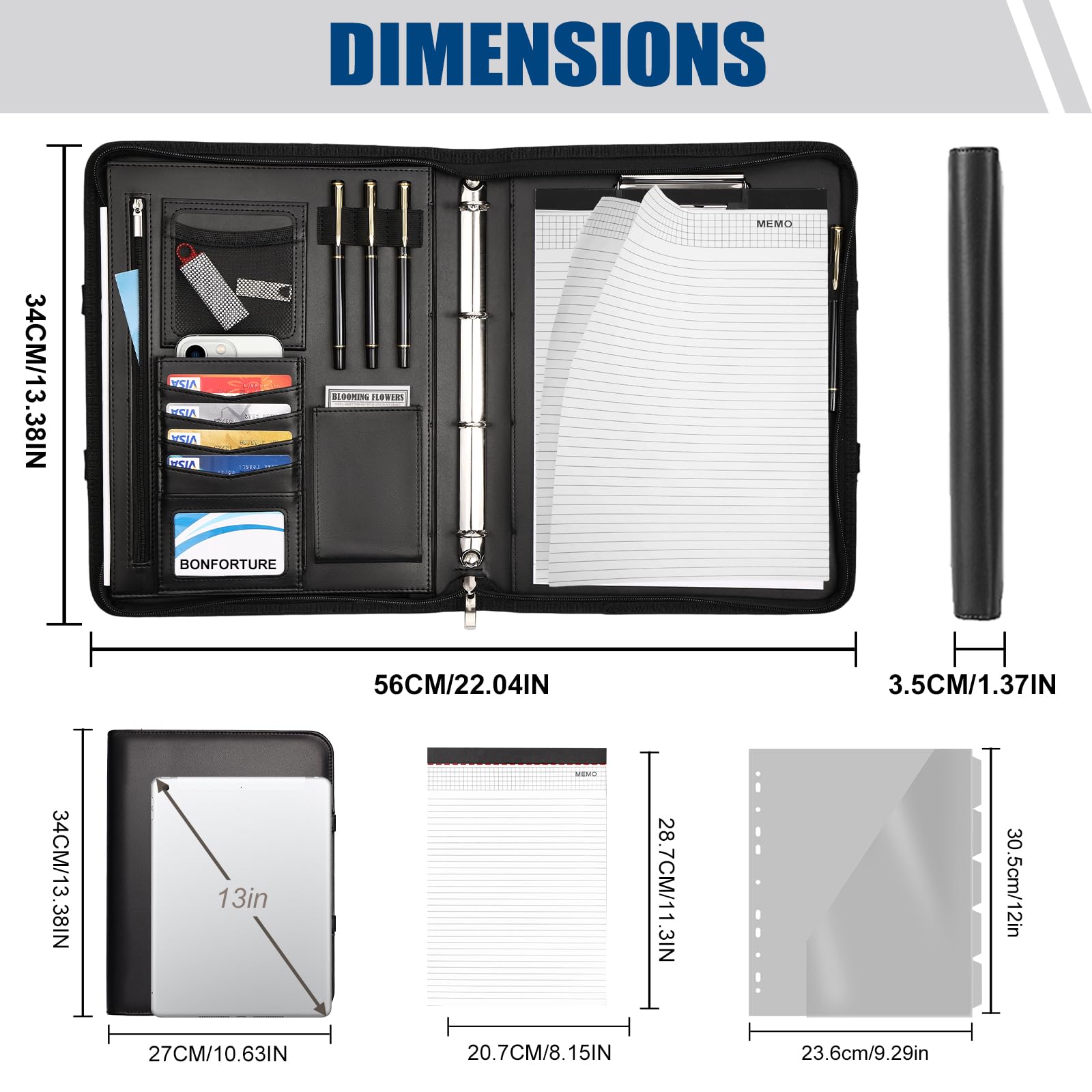 Porte Document A4 Cuir PU avec 5 Intercalaires, Portefeuille Portfolio Organiseur Bureau Noir