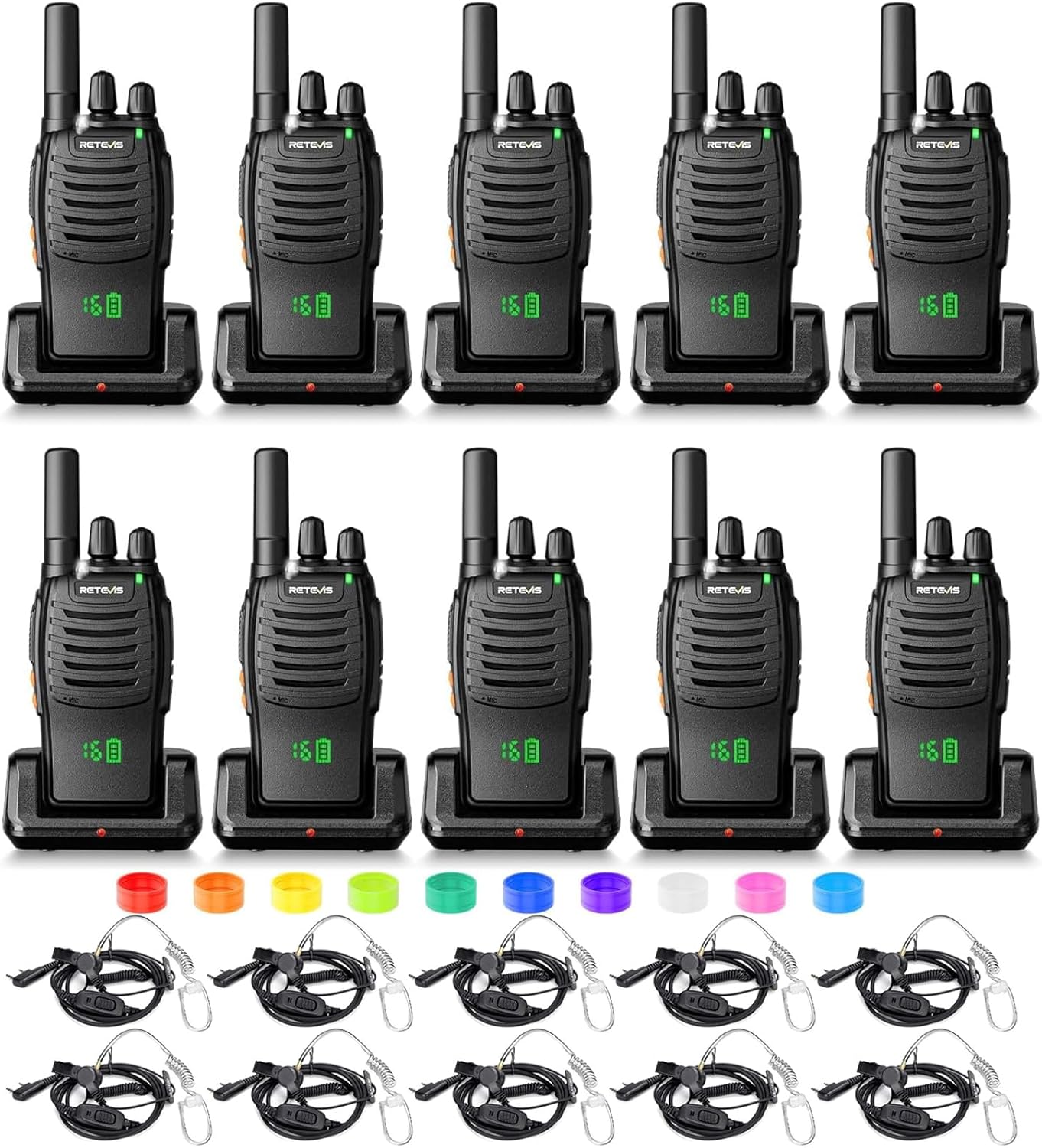 Retevis H-777H Walkie Talkies with Earpiece,2 Way Radio Long Range, Hidden Screen,USB-C Charging,Emergency Alarm,Portable FRS Two-way Radios with Base Station for Consumer Services Healthcare(10 Pack)