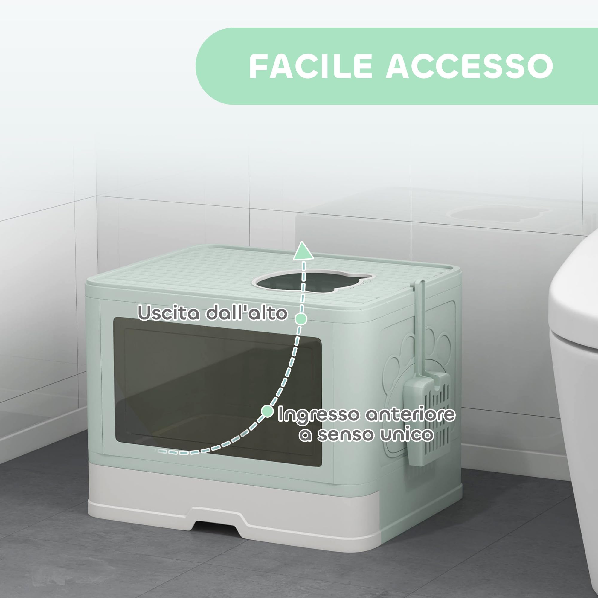 PawHut Lettiera per Gatti Chiusa con Coperchio Apertura Frontale Verde | Toilette per Gatti, Doppia Entrata Frontale e Superiore, Cassetto Estraibile, Paletta e Spazzola, Facile da Pulire