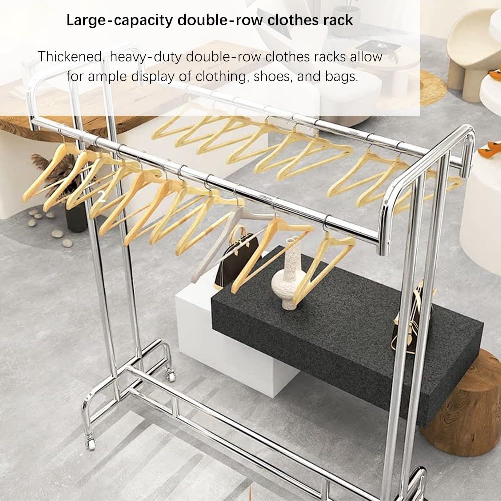Wytrzymały przenośny wieszak na ubrania, wolnostojący, podwójny, wiszący stojak do sypialni i sklepu, solidny organizer na ubrania (100 x 50 x 140 cm) idealny do domowych rozwiązań