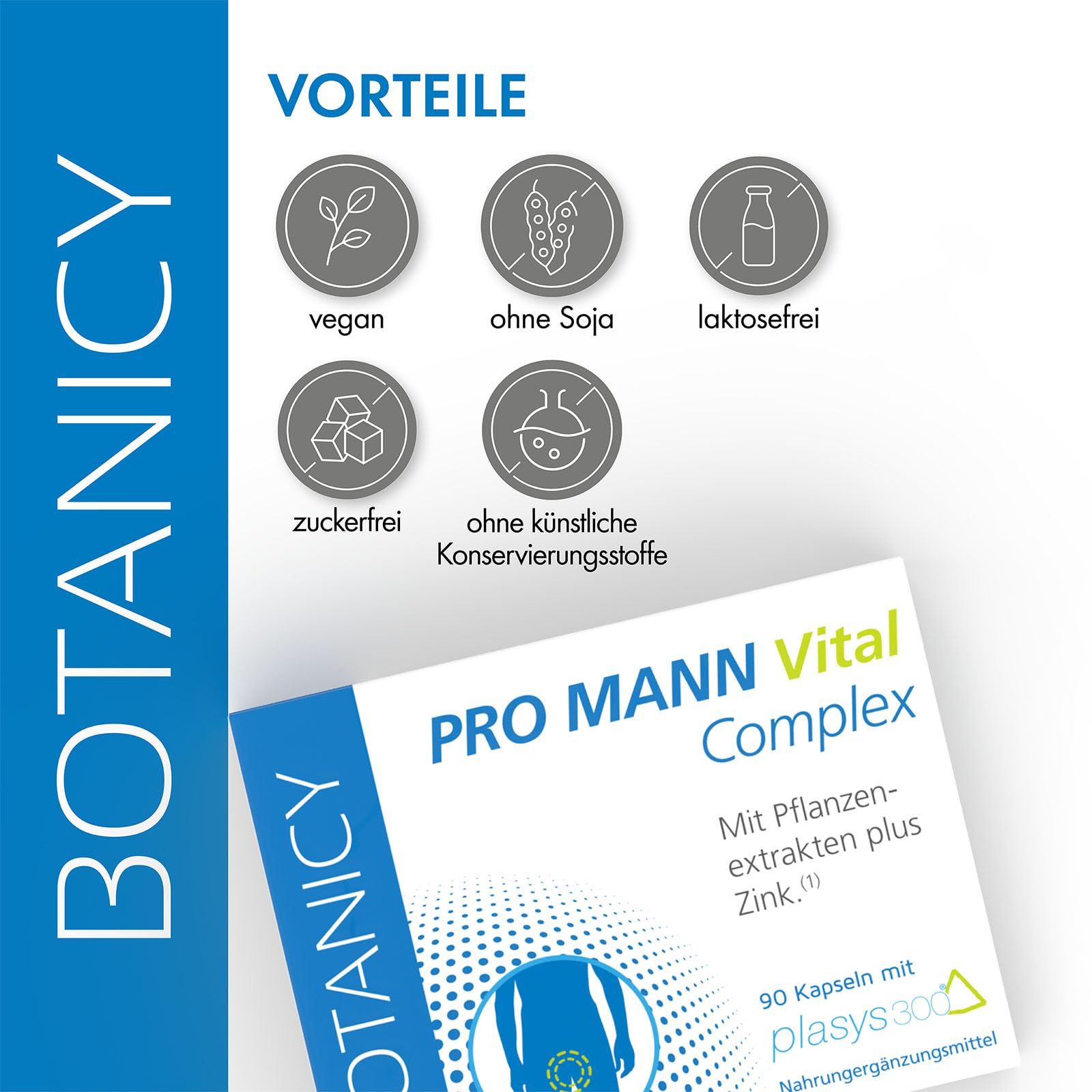 Botanicy PRO MANN VITAL COMPLEX 3er Set - Kürbiskern, Brennessel & Weidenröschen Extrakt + Zink - Mit Markenrohstoff Plasys 300® aus Pollenextrakten - Natürlich, Hormonfrei, Vegan - 270 Männer Kapseln