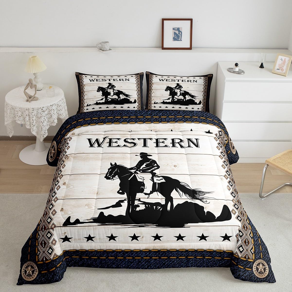 West Cowboy Comforter Set Queen Size,Western Star Pattern Bedding Sets 3Pcs for Kids Girls Boys Women Room Decor,Aztec Tribal Stripe Quilted Duvet Rustic Farmhouse Down Comforter,2 Pillowcases