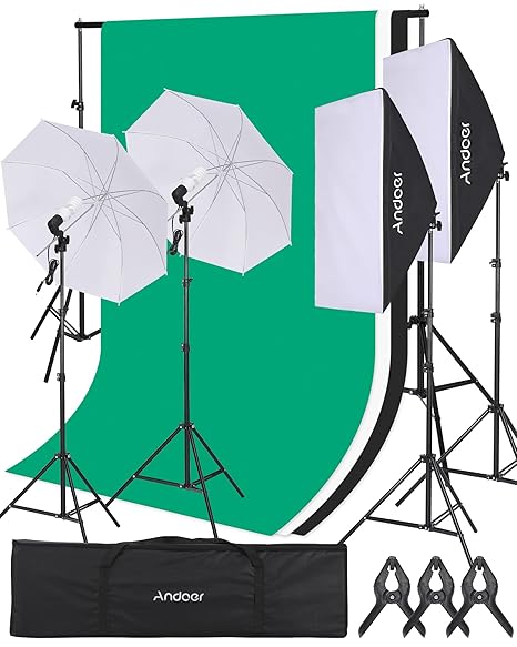 Andoer Studio Photography Light Kit Softbox Lighting Set Including 45W LED Light Bulbs/ 50x70cm Softbox/ 33 Inch White Photography Umbrella/ E27 Light Socket/ 2M Light Stands/ 3pcs Backdrops