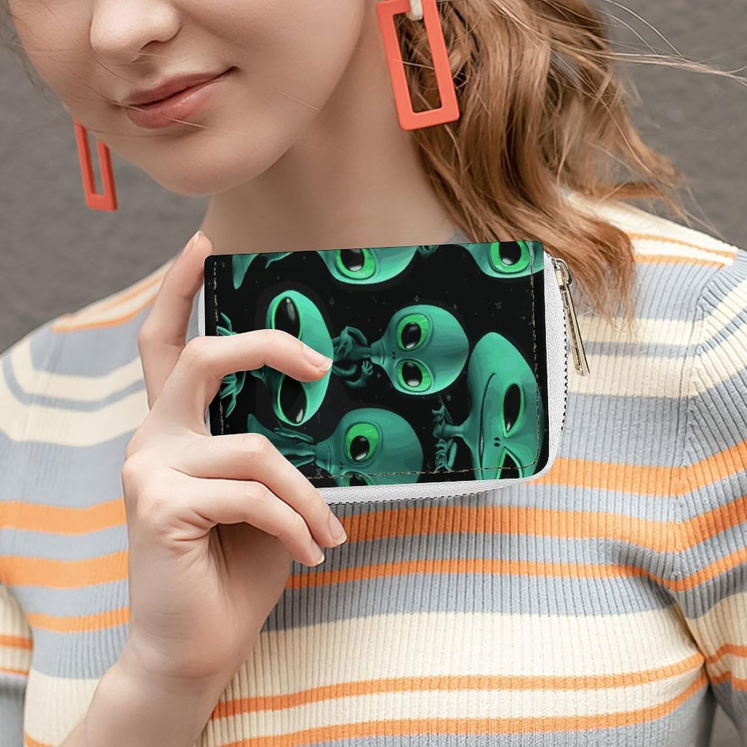 Leather Card Organizer Case Card Wallet Credit Card Holder Aliens Printed Zipper Card Cases Holder for Women Men