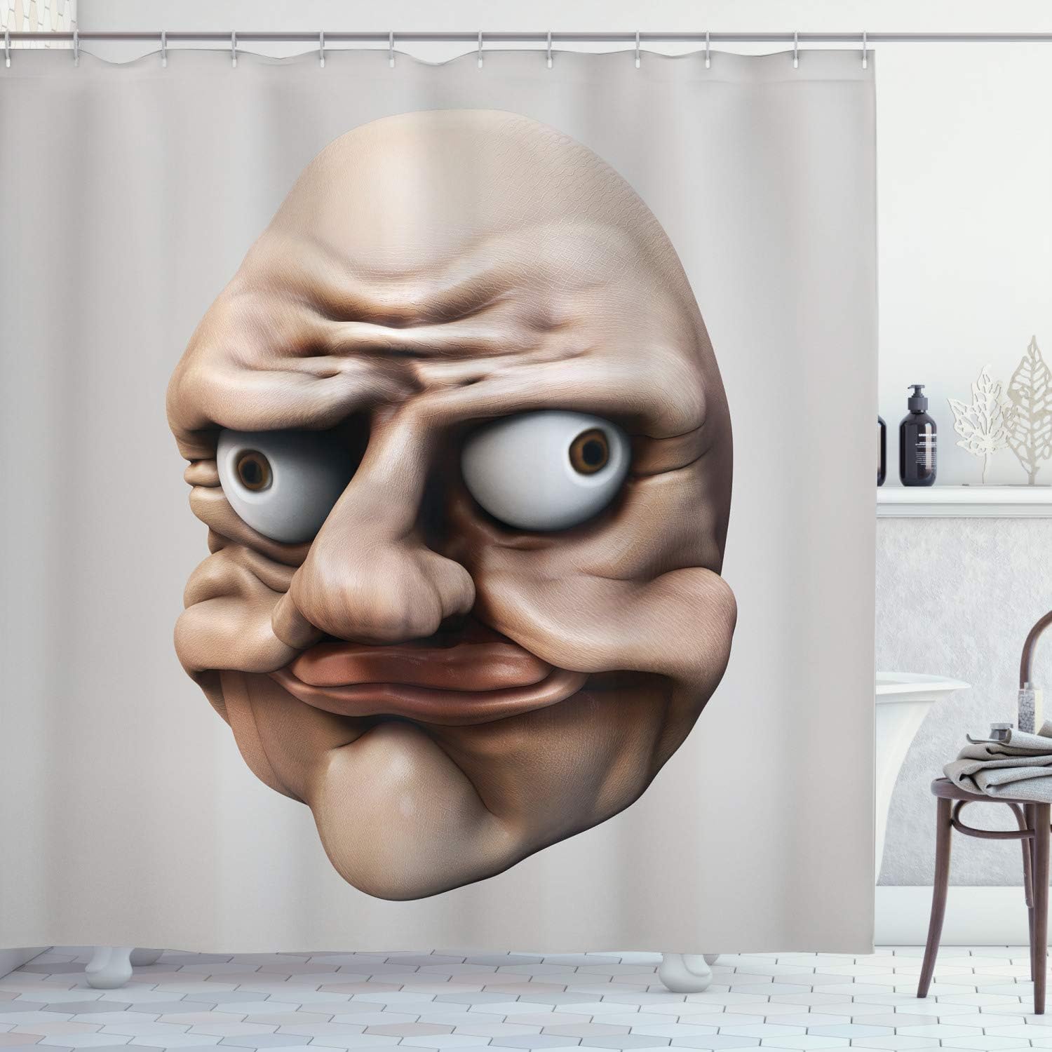 Ambesonne Humor Shower Curtain, Grumpy Internet Troll Face with Trippy Gestures Ugly Post Meme Joke Image, Cloth Fabric Bathroom Decor Set with Hooks, 69" W x 70" L, Eggshell and Tan