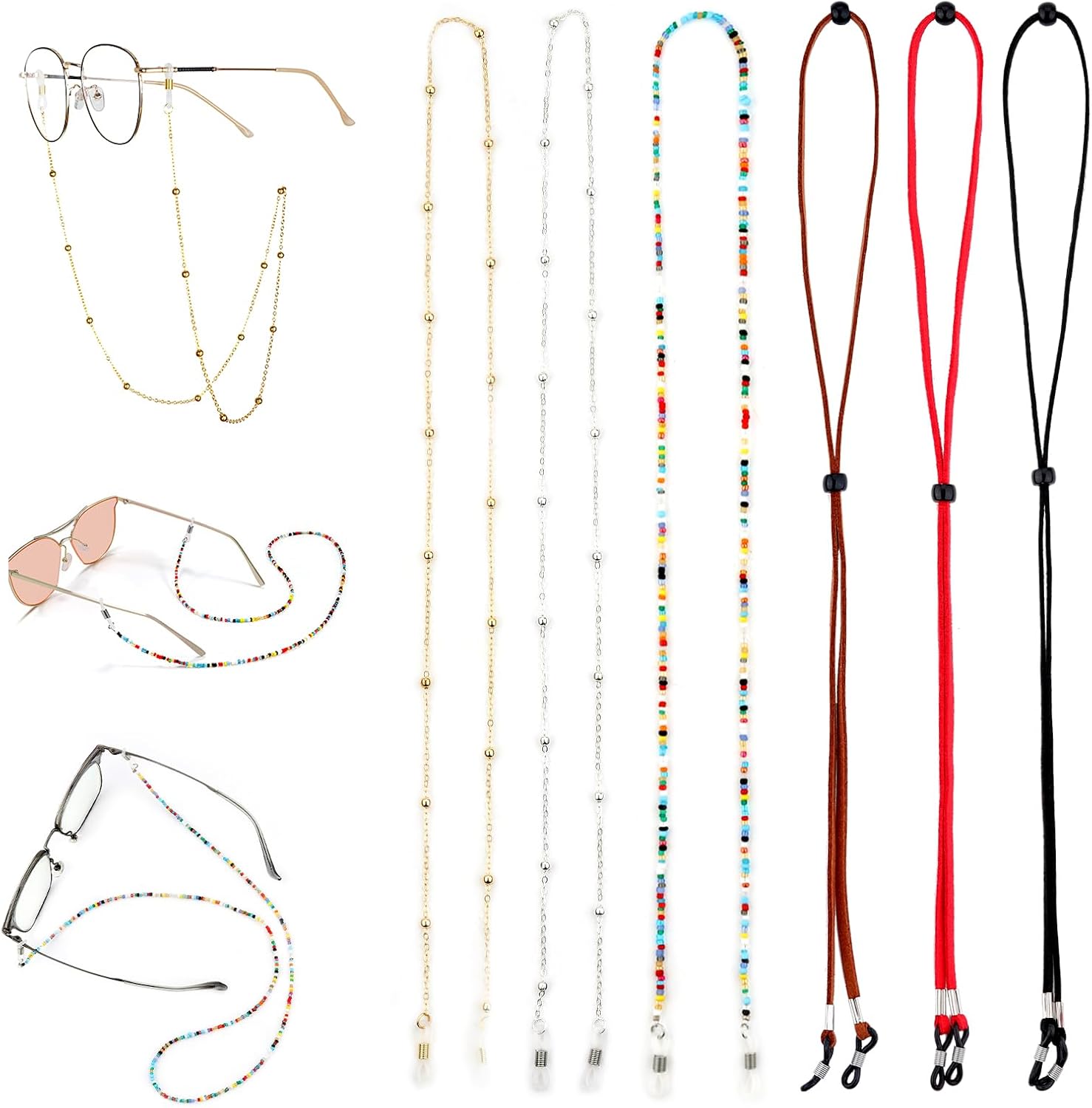 6 Pcs Glasses Chain For Women - Eye Glasses Holders Around Neck, Eyeglasses Strap for Men Women, Adjustable Leather Eyeglass Chain