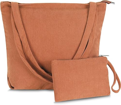 COSHONWOL Bolso de mano de pana para mujer, con cremallera, gran hombro, estilo hobo, casual, bolso de compras, bolsa de trabajo