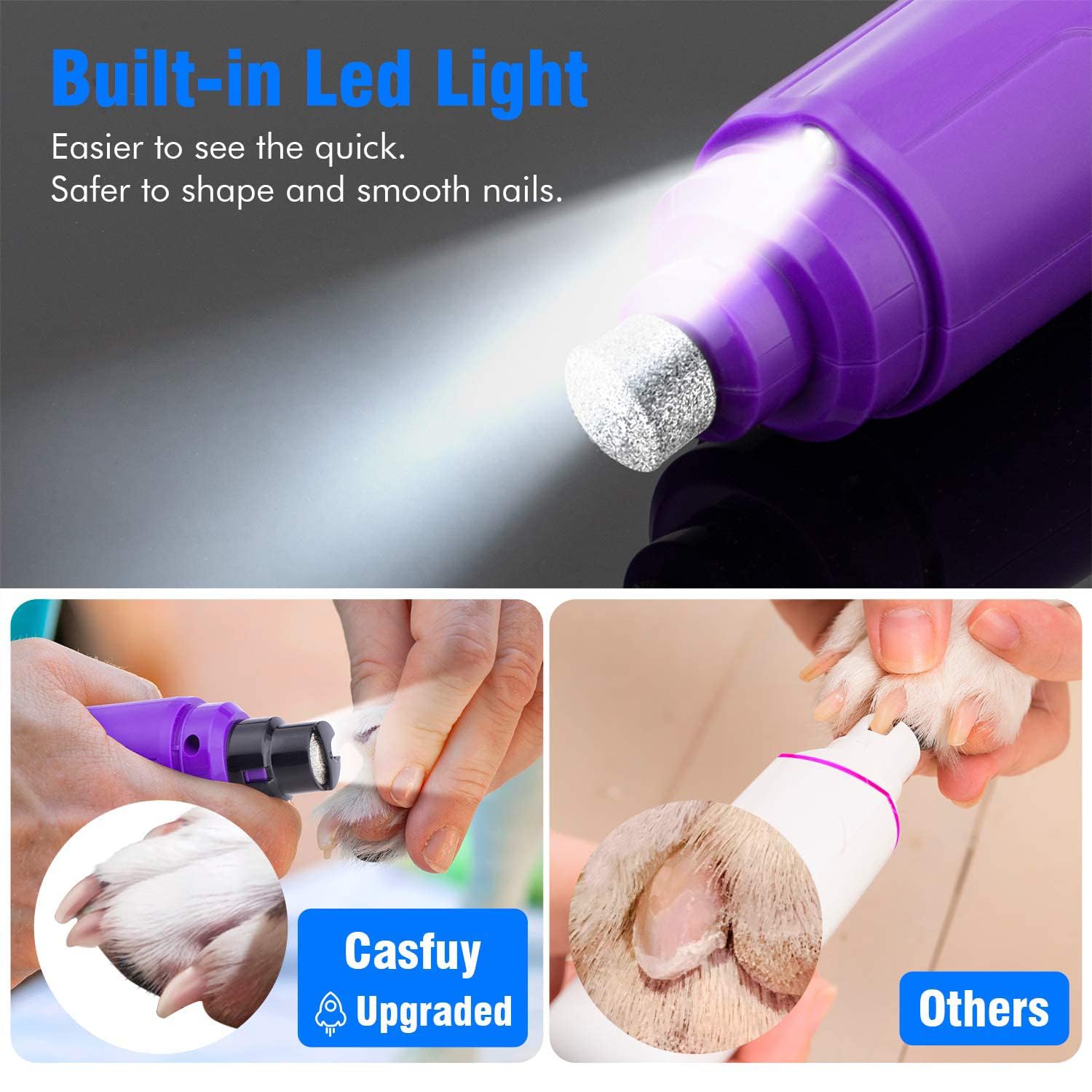 Casfuy Dog Nail Grinder with LED Light - Upgraded 2-Speed Electric Pet Nail Trimmer Powerful Painless Paws Grooming & Smoothing for Small Medium Large Dogs & Cats (Purple) - image 2