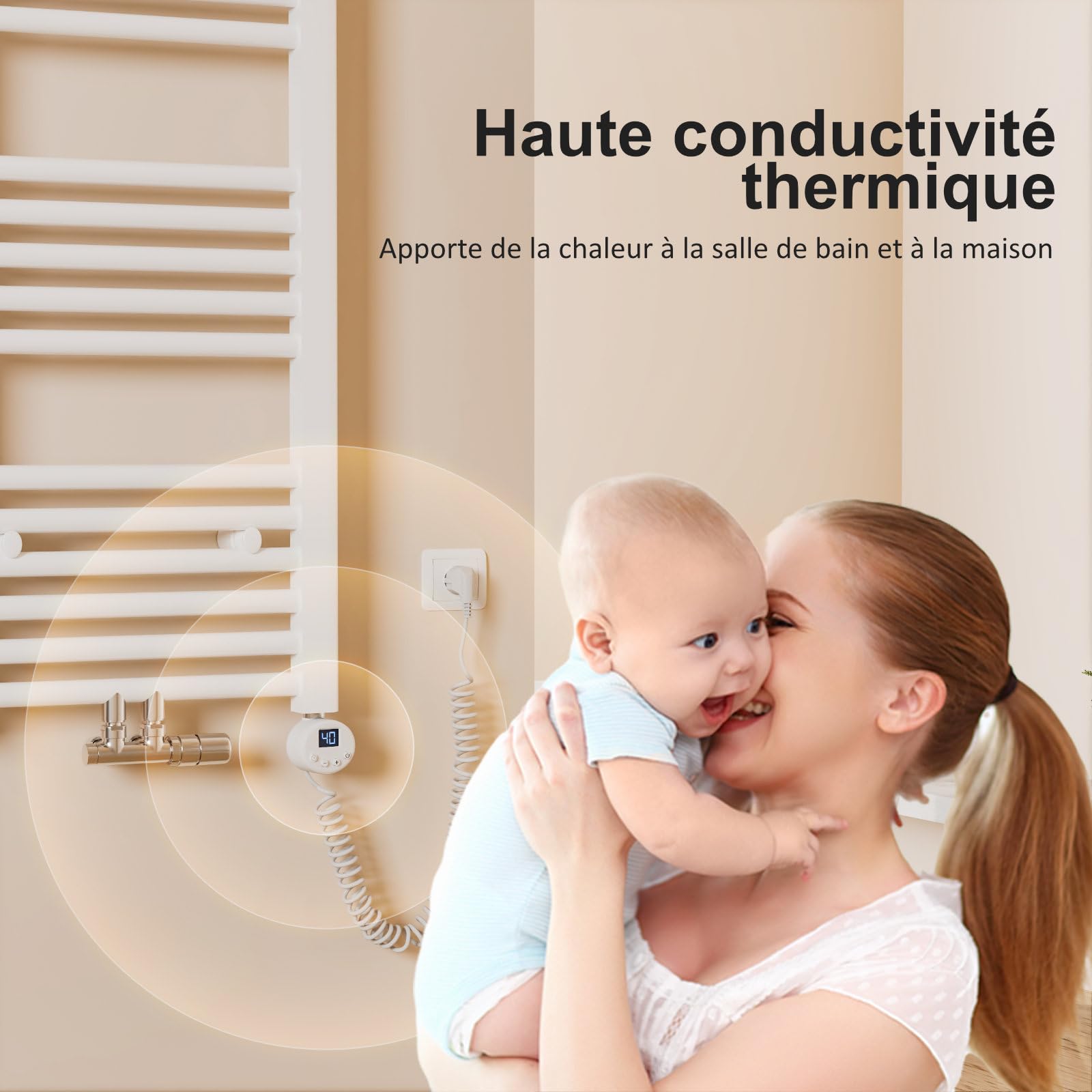 EMKE Résistance pour Radiateur,1200 W,Blanc | Élément Chauffant pour Sèche-Serviette de Salle de Bain avec Contrôleur de Température et Fonction de Synchronisation