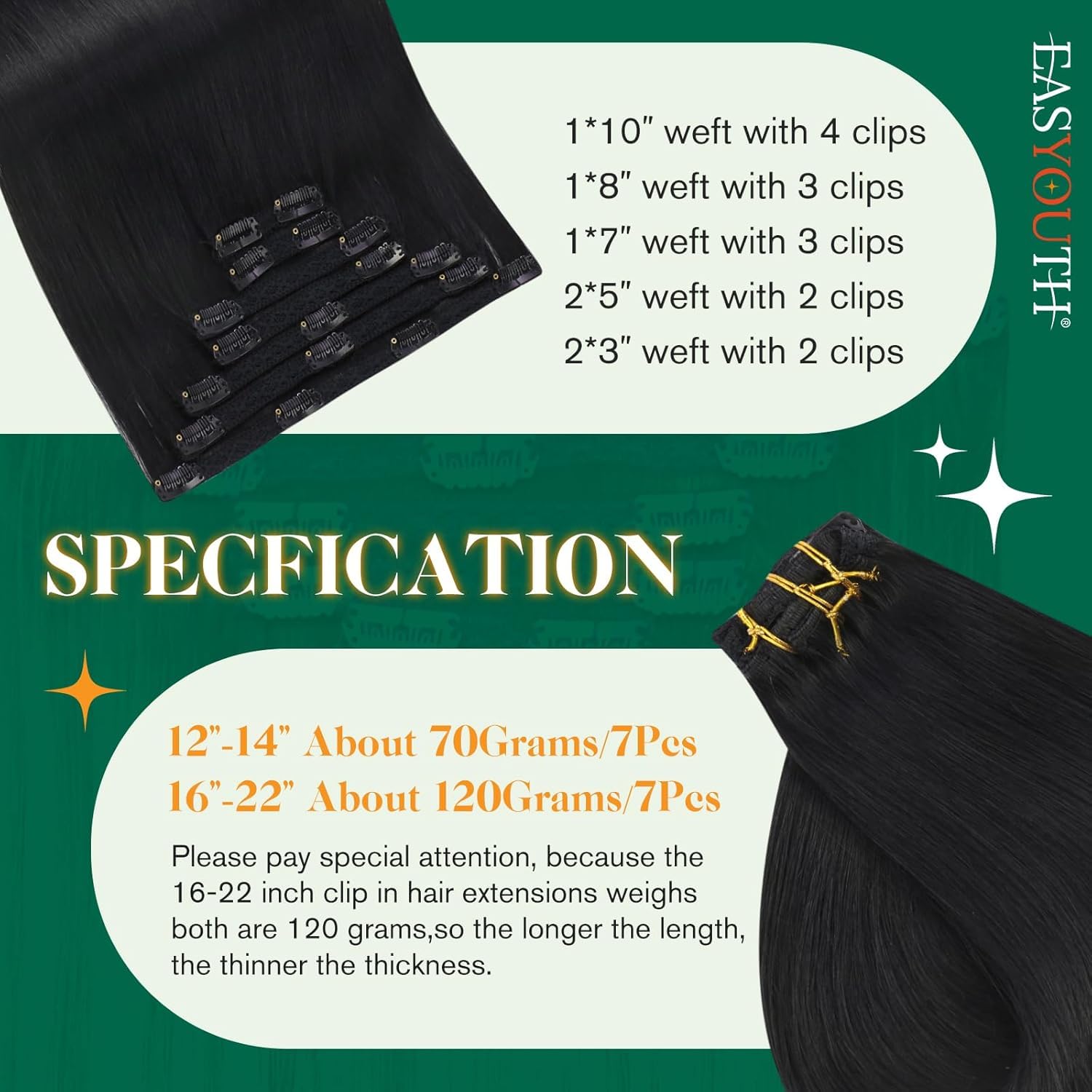 Easyouth Black Clip in Human Hair Extensions Jet Black Double Weft Clip-in Extensions Silky Straight Real Hair Extensions Clip ins for Party 20 Inch 120g 7Pcs #1 - Image 3