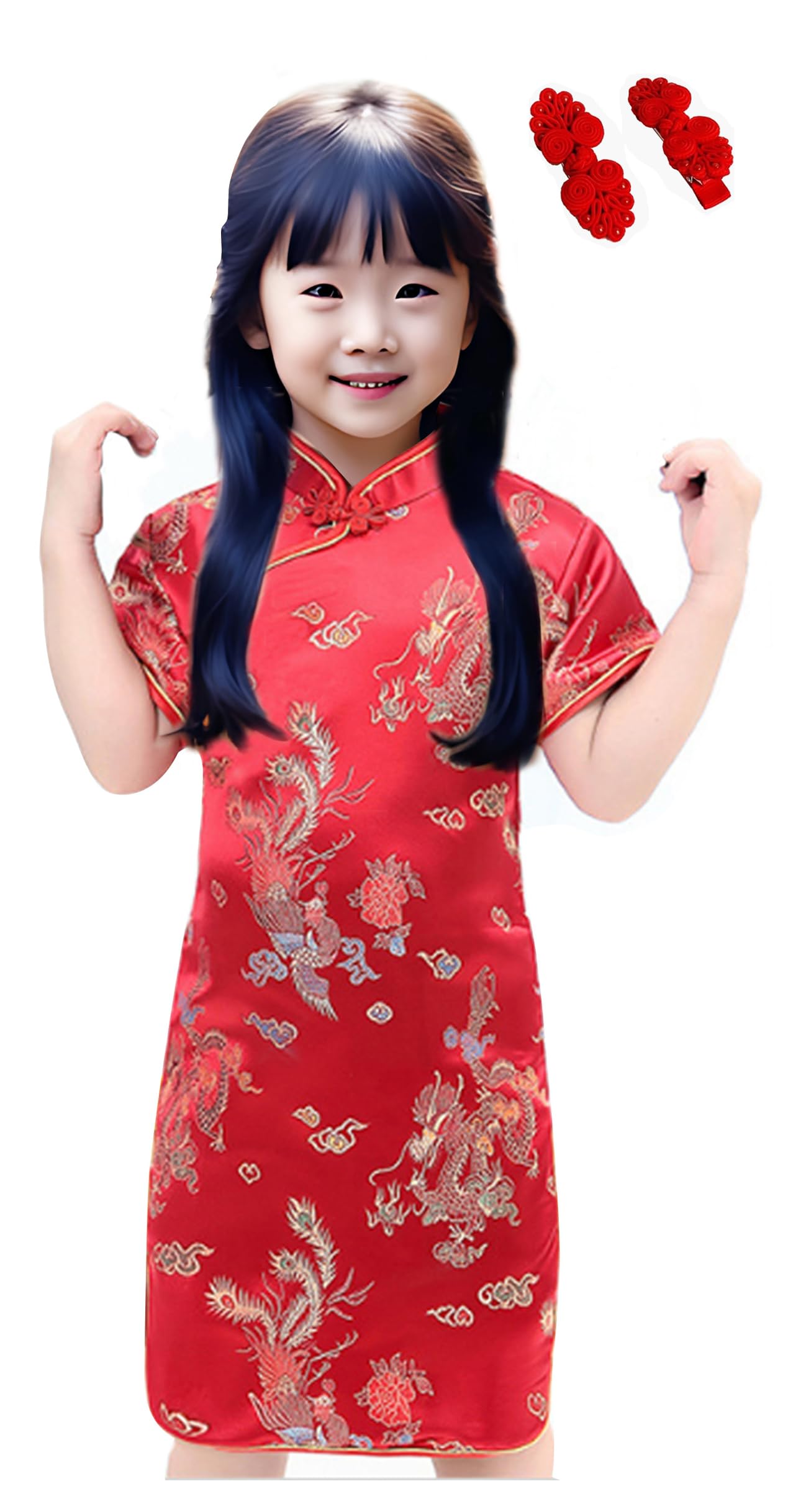 Girls Pretty Chinese Cheongsam Red Qipao Traditional Dress with Cute Match Hair Clips