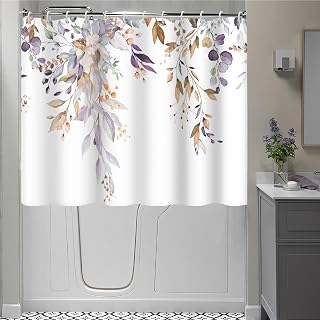 Short Shower Curtain, Waterproof Spring Purple Eucalyptus Shower Curtain with Hooks for Walkin Tub or Step in Tub, 72x60 inch