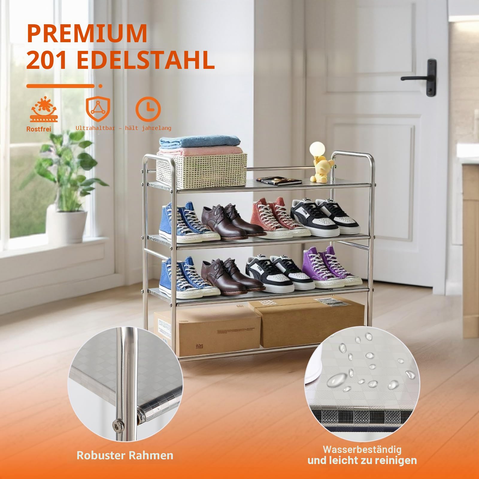 Edelstahl-Schuhregal 4-stufig | Starker Schuhorganizer für Kleiderschrank & Flur | Platzsparendes Schuhregal mit Stapelfunktion