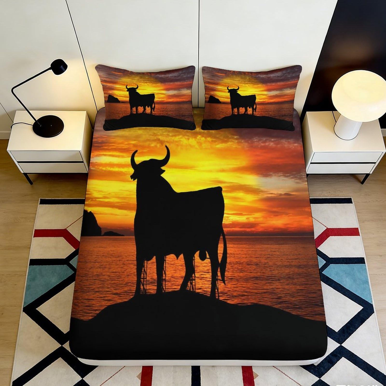 3D Printed Sunset Bull Fitted Sheet Microfiber Soft Durable Silhouette Bed Sheet for Bedroom Dormitory Guest Room Mattress Protection Decor 160x200x25cm