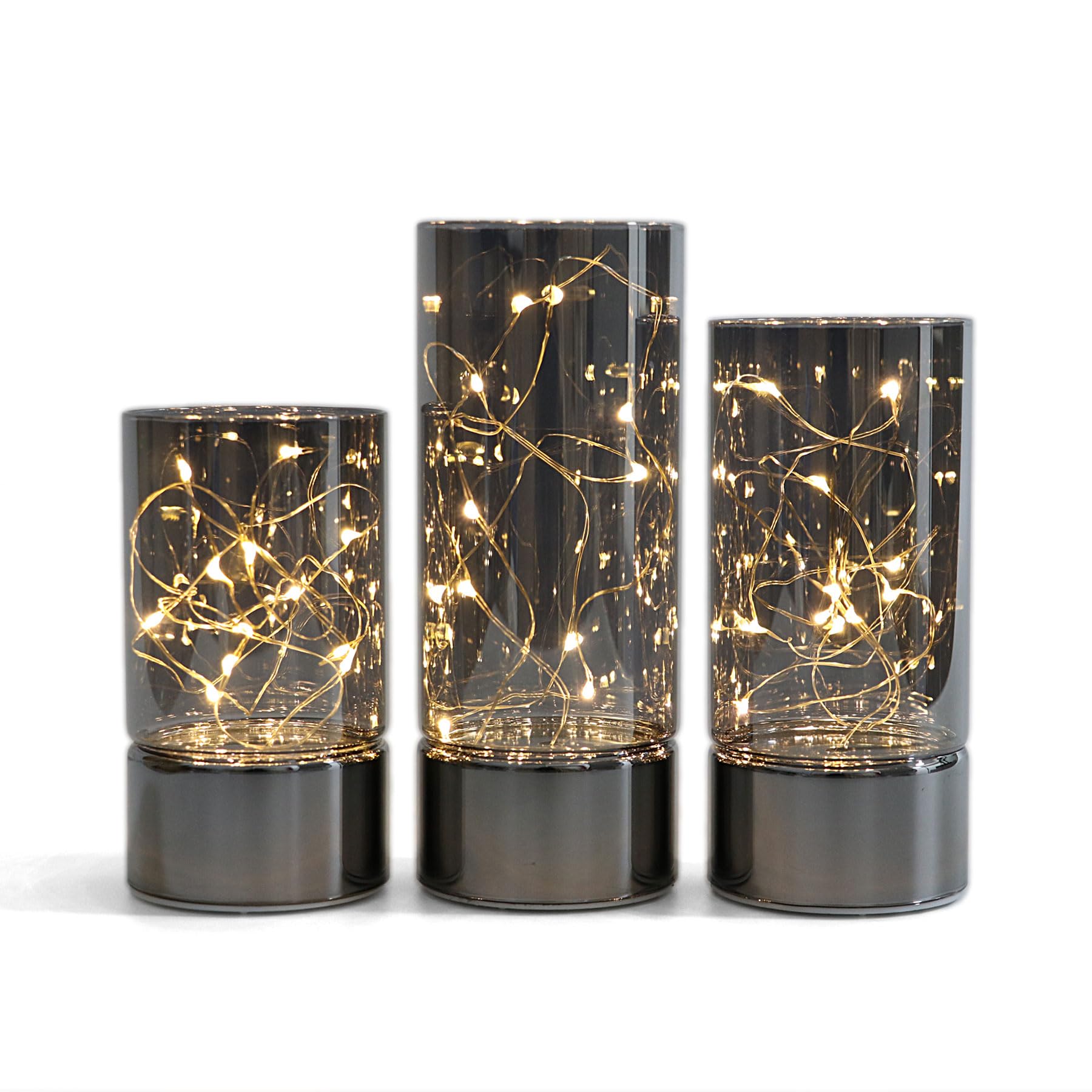 Set of 3 Glass Cylinder Lanterns LED Table Lamp with Fairy Lights, Battery Operated Candles with Timer Function
