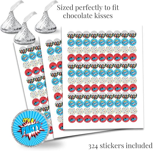 Miniatura 3 de Kit de calcomanías para fiesta de cumpleaños de Super Hero Boy 429 piezas. Incluye 60 calcomanías circulares de 2 pulgadas para bolsas de golosinas,