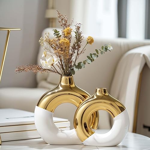 Miniatura 4 de Jarrón blanco y dorado, juego de 2 jarrones de cerámica, jarrones dorados para decoración del hogar, jarrón redondo blanco para centros de mesa,