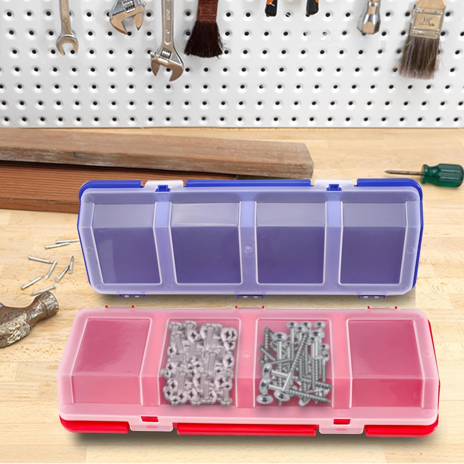 2 Pack Plastic Screw Organizer Box, 4 Compartments Bolt Bin with Lid, Stackable Hardware Storage Case for Garage Organization Parts Nail Workbench (Blue, Red) (2)