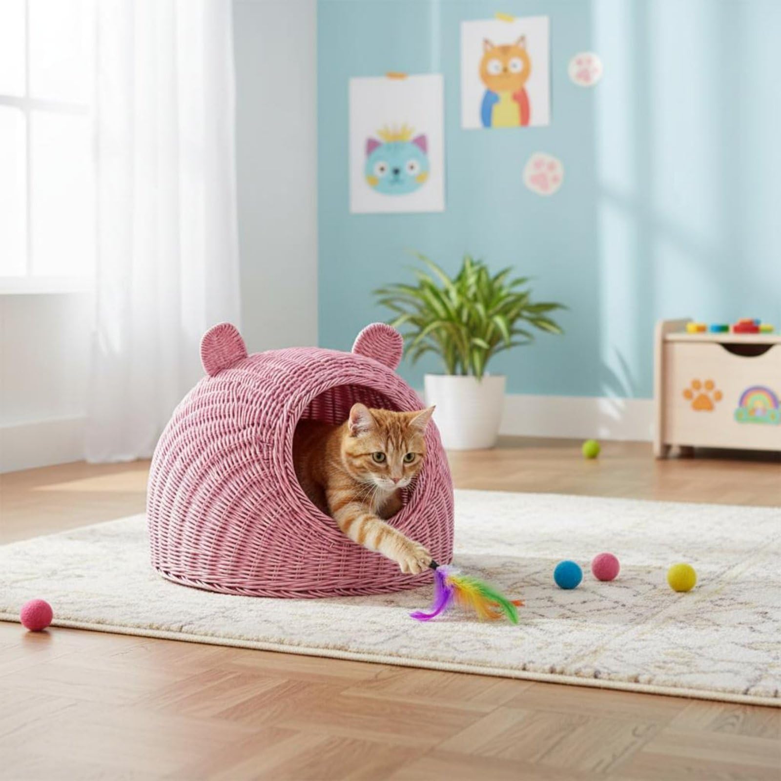 Waschbares Katzenbett Geflochtenes Katzenhaus Katzennest Waschechte Oberfläche Stabile Basis für Ruhebereich Zuhause Katzenpflege, Beige, Klein