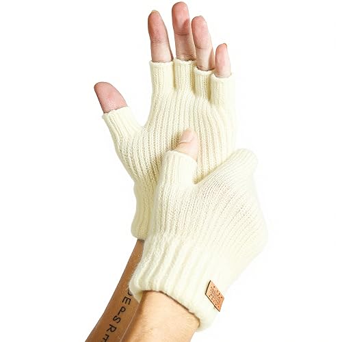 Winter Fingerless Gloves for Women Men, Warm Alpaca Wool Stretch Knit Cold Weather Adult Half Finger Glove for Driving - White