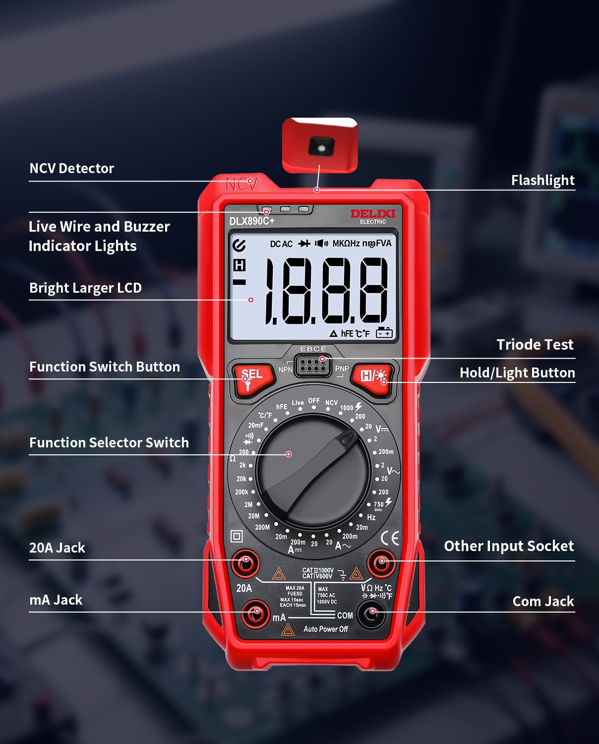 DELIXI Digital Multimeter, Manual Range Tester with High Accuracy Measures Voltage, Current, Resistance, Capacitance, Temperature, NCV, Dual Ceramic Fuses Included