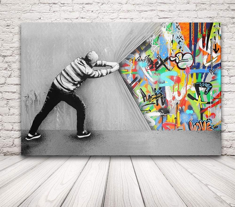 Maxsafe Framed 28 x 40 inch Modern Creative Graffiti Wall Art Colorful Street Pop Canvas Prints Home Decoration Artwork Framed Pictures for Living Room Office Decor 'New World'