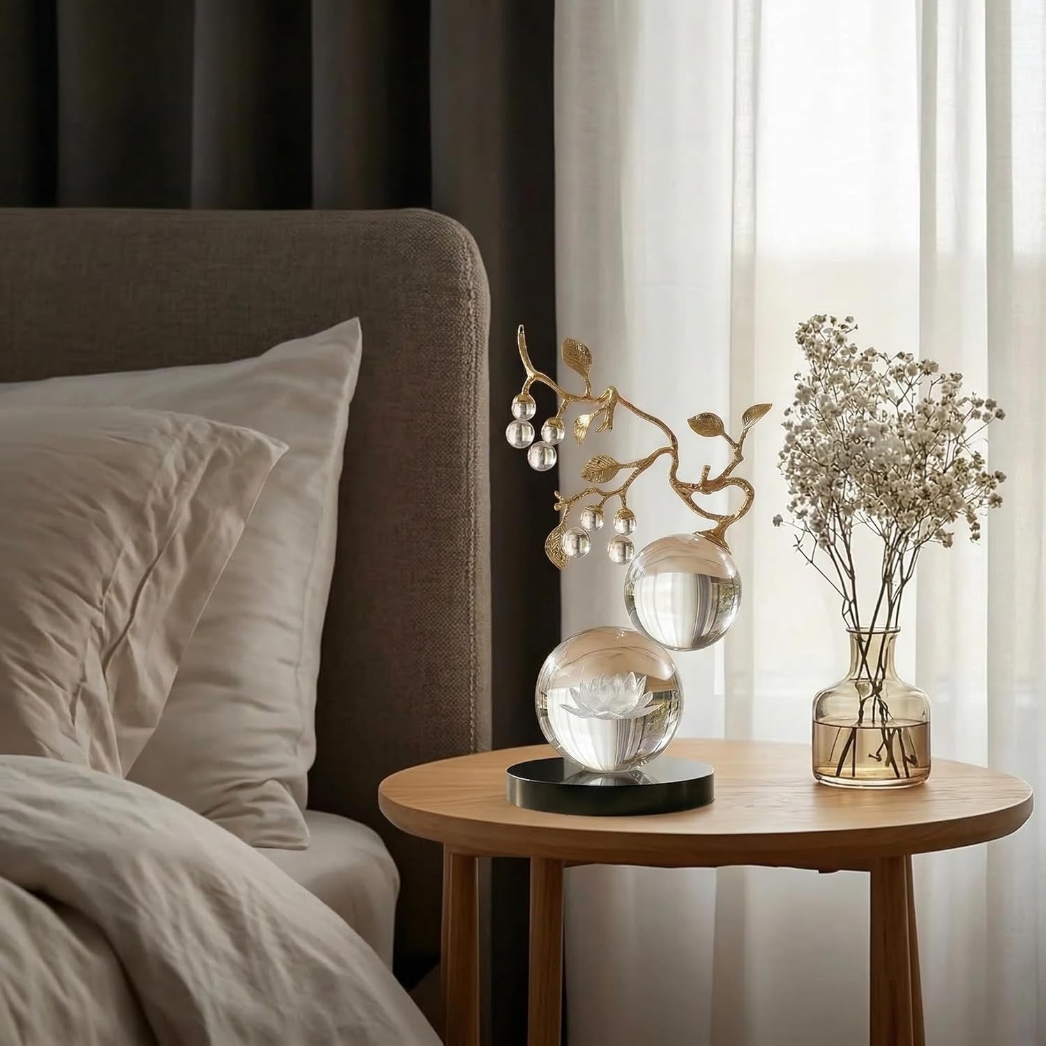 Clear Glass Sculpture, Nature Inspired Decorative Statue with Gold Metal Branch - Minimalist Desk Sculpture Home Decor for Tabletop Living Room Shelf Desk Office - Unique Housewarming Gift