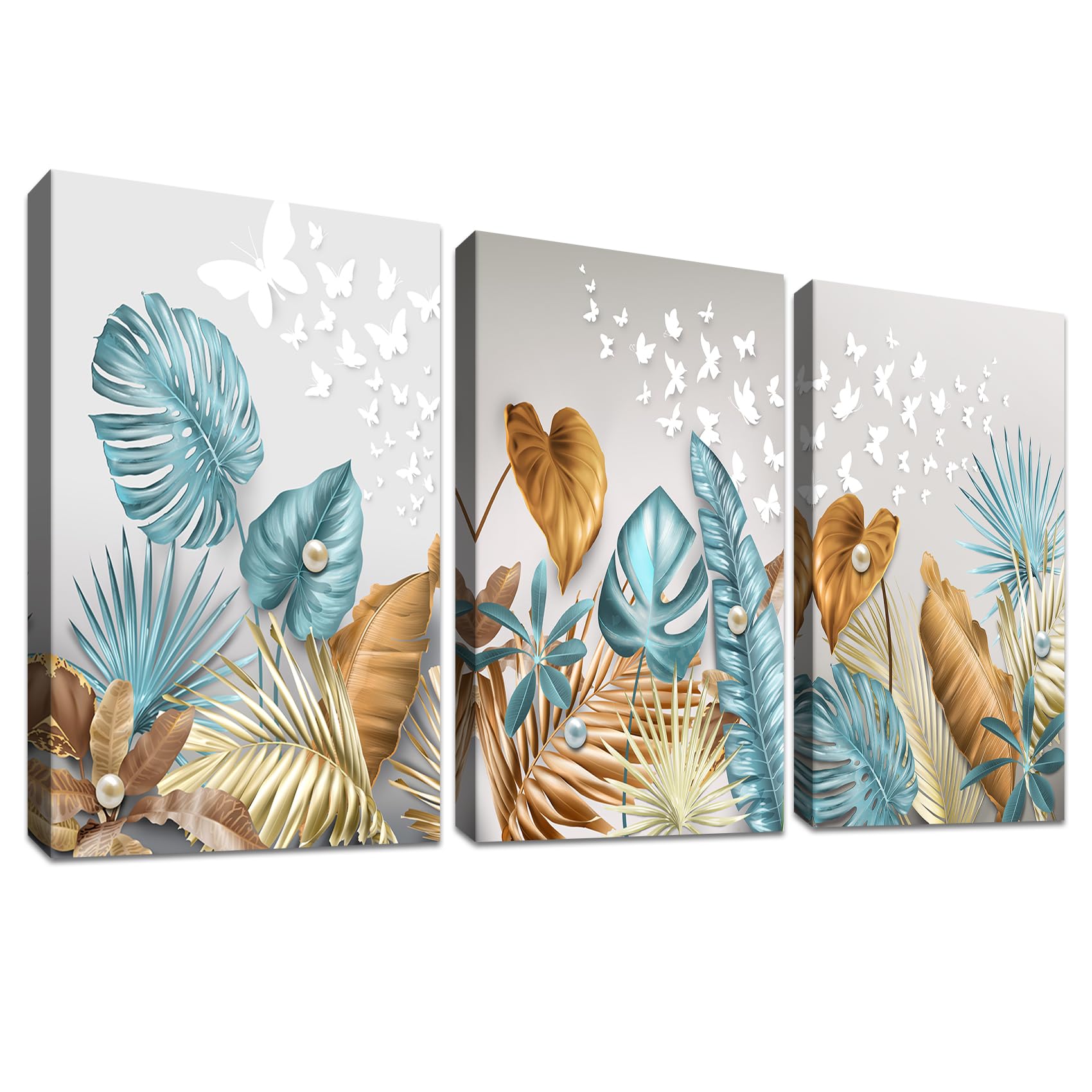 3 Pcs Marco de madera Hojas Azul Caramelo Cuadro Moderno Hojas de palma de monstruo tropical Lienzo decorativos Pintura Imagen cuadros decoracion salon modernos dormitorios baño Pasillo 30cmx40cmx3