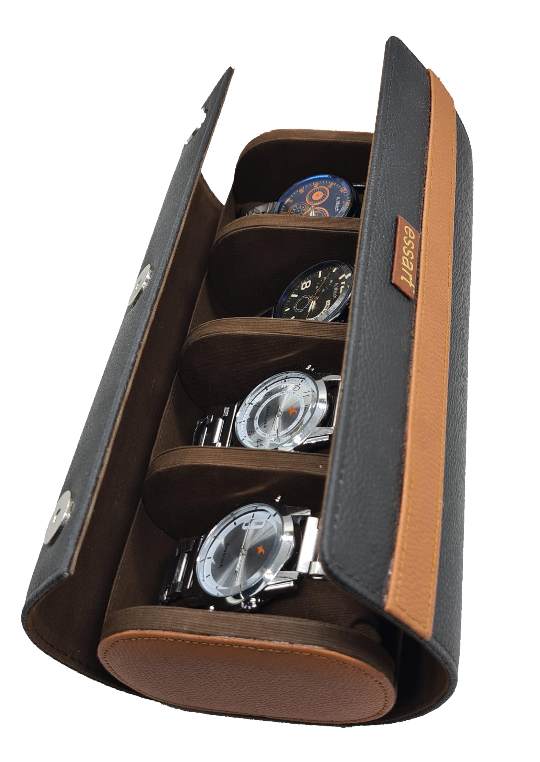 essart Sarvika Pu Leather 4 Slot Watch Keeping Box For Men & Women | Watch Organizer Round Case | Watch Holder Pouch For Travel With Lock And Cushion with Black-Tan color (B0D2H7VDW3) Amazon Price History, Amazon Price Tracker