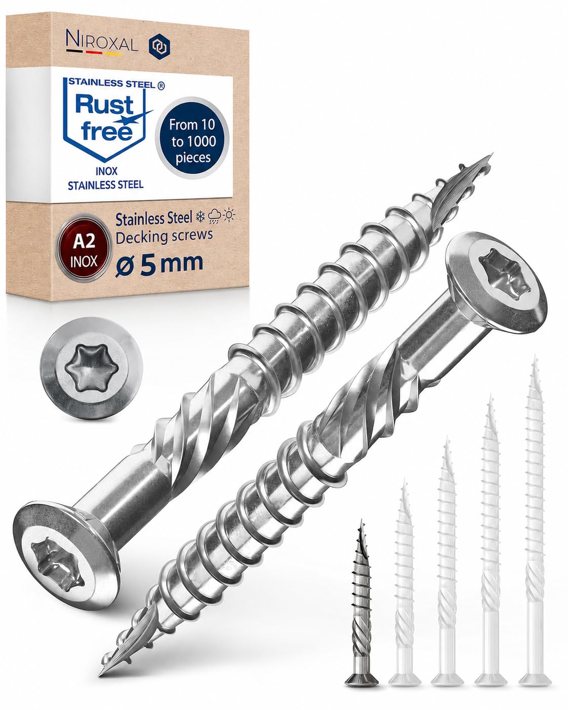 Tornillos para terraza de acero inoxidable A4 – TX25 – 5 x 40 mm – 25 unidades – Tornillos para tarima y madera exterior