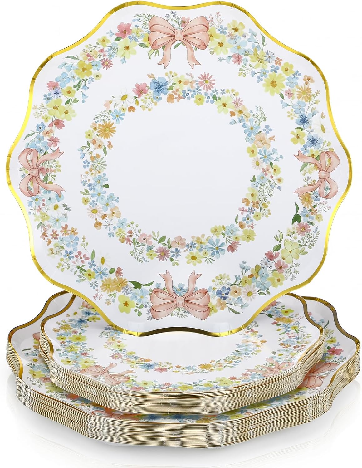 Yungyan 50 Pcs Elegant Floral Side Paper Plates - 8.5" Dessert & 10.5" Floral Disposable Dinner Plates with Wavy Edges for Spring Tea Party, Birthday, Baby Shower, Wedding